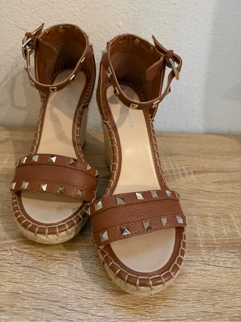 Marc Fisher Tan Studded Espadrille Wedge Sandals